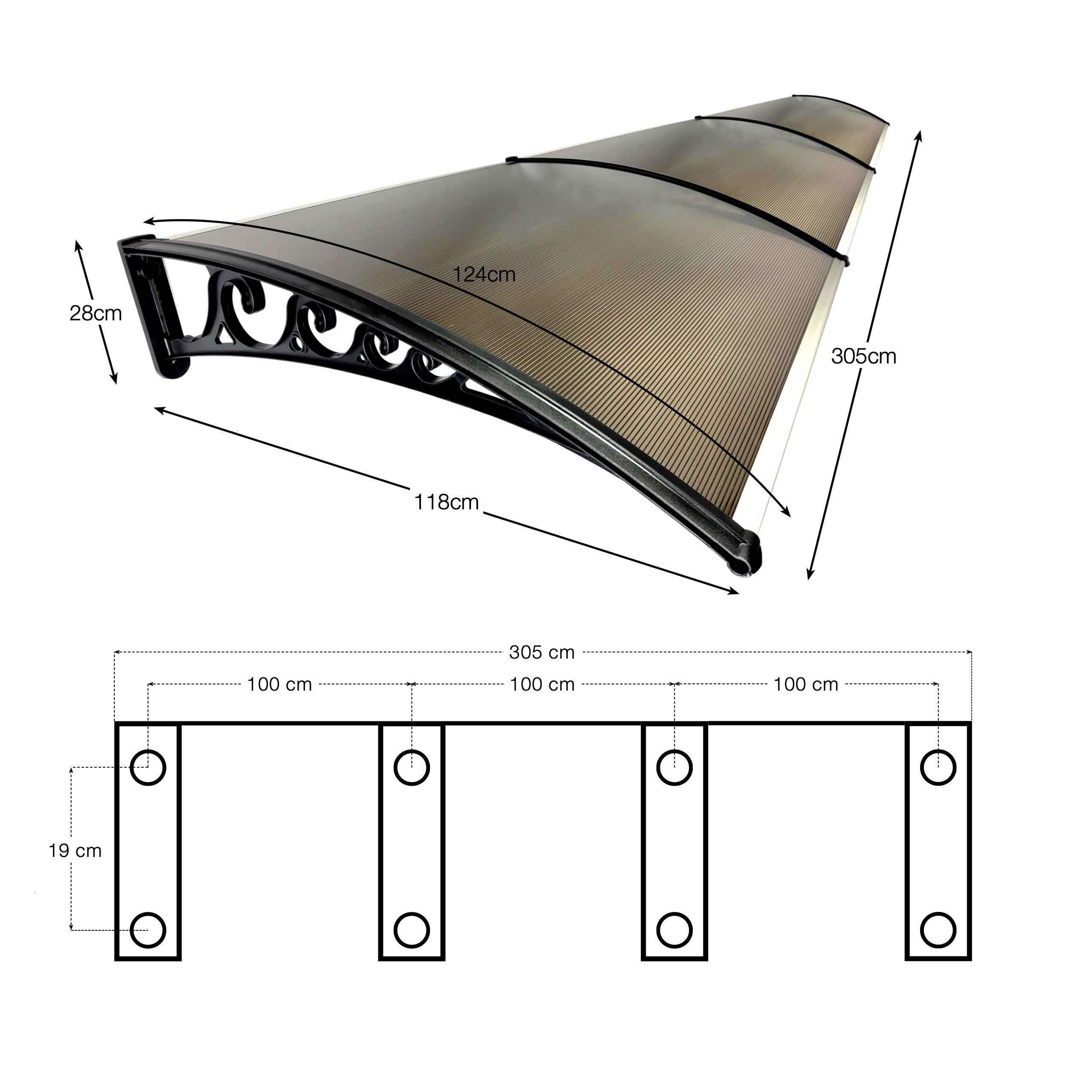 Rysunek techniczny daszka 300x120 cm Classic